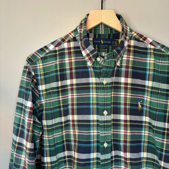 Ralph Lauren Large Classic Fit Cotton Oxford Plaid Button Down Shirt Blue Green - Picture 4 of 7
